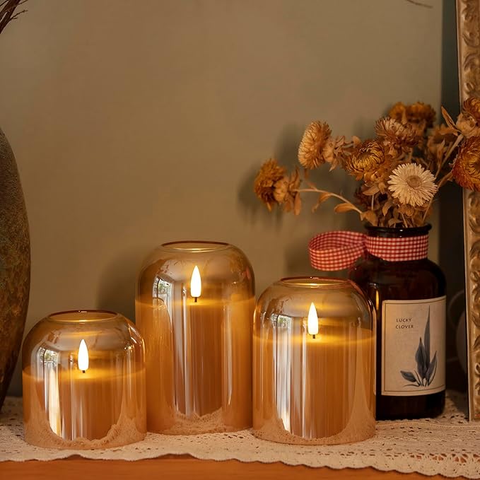 volnyus Gold Glass Flameless Candles with Remote Battery Operated Flickering LED Pillar Candles Real Wax 3D Wick Φ 4" H 4" 5" 6"