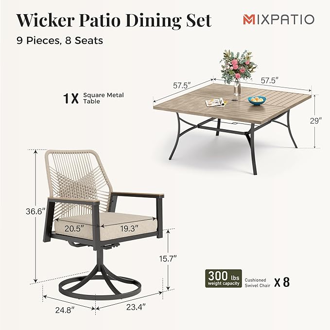 MIXPATIO 9 Pieces Outdoor Patio Dining Set, Wicker Patio Table and Chairs Set of 8, Swivel Wicker Chairs with 3.2" Cushion and Wood-Like Square Table with Umbrella Hole for Yard, Porch, Beige