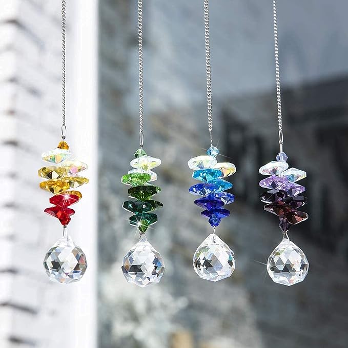 4PCS Crystal Prisms Suncatchers Hanging Sun Catchers for Window Indoor | Rainbow Maker Suncatchers Crystals Ball Prism Chakra Octagon Bead Decor For Home Garden,10.5inch,Christmas Tree Decorations