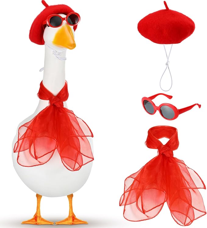 Yaomiao 3 Pcs 50s French Porch Goose Outfit Set for 23'' 17'' Cement Lawn Goose Costume Beret Hat for Carnival Statue Decor(Red)