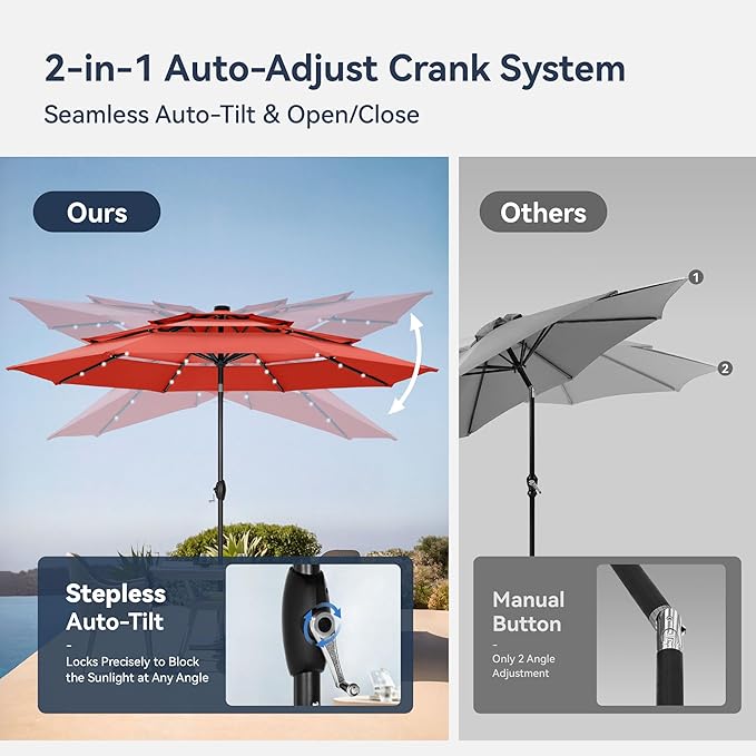 PHI VILLA 10ft Patio Umbrella with Light, Outdoor Large Auto-Tilt 3 Tier Market Table Umbrellas with 8 Sturdy Ribs and 1.5" Pole for Lawn Poolside Garden Terrace, Orange Red