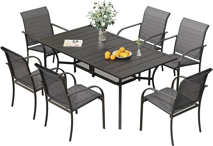 VICLLAX Patio Table and Chairs Set for 6, Patio Furniture Set of 6 Patio Stackable Dining Chairs and Outdoor Metal Table with Umbrella Hole for Backyard Lawn Garden, Dark Grey Chairs and Black Table