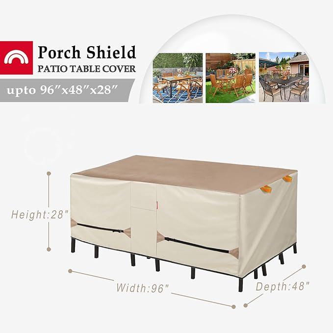 Porch Shield Patio Table Cover - Waterproof Outdoor Dining Table and Chairs Furniture Set Cover Rectangular - 96 x 48 inch, Light Tan & Khaki