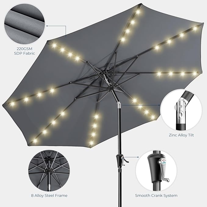 HOMSHADE 9ft Solar Patio Umbrella - Solar Lights LED Lighted Outdoor Market Table Umbrella, UPF50+ UV Protection with Push Button Tilt, Crank for Pool Deck and Garden (Dark Grey)