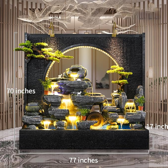 Outdoor Water Fountain with LED Light, Cement, Rockery Texture, 77L x 70H x 17W inches, for Living Room, Balcony, Dining Room, Garden Club,Housewarming Gift.Multiple Options(#A)