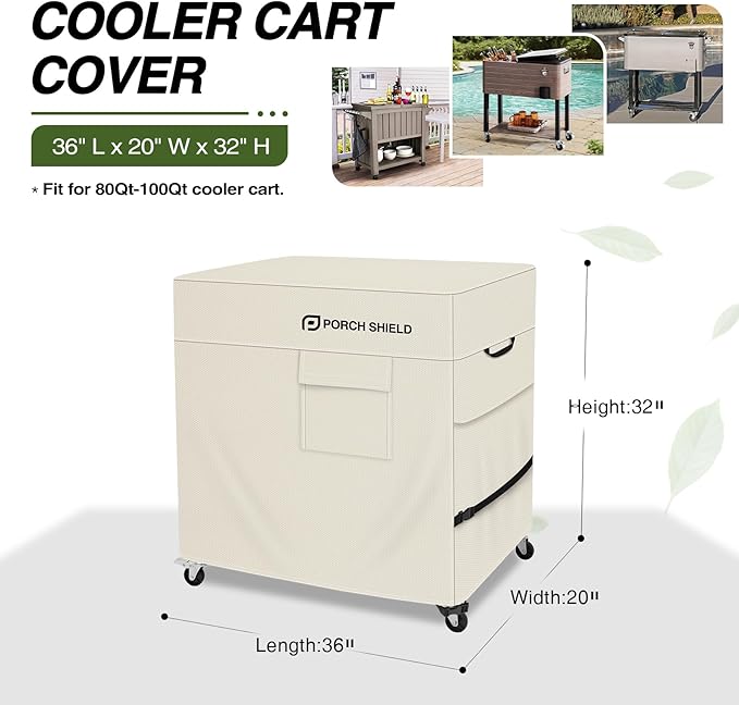 Porch Shield Waterproof Rolling 80-100 Qt Cooler Cart Cover Fits Most Patio Ice Chest Party Cooler (Light Tan, 36"L x 20"W x 32"H)