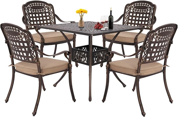 TITIMO 5-Piece Outdoor Patio Dining Set, Cast Aluminum Patio Furniture Set, 4 Pattern Chairs with Khaki Cushion and 2.2” Umbrella Hole Table, Cast Aluminum Conversation for Yard Garden Porch Poolside