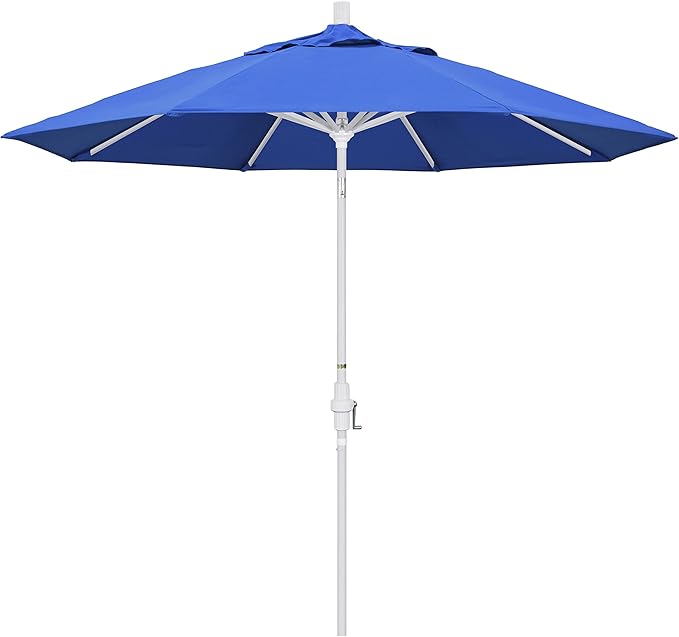 California Umbrella 9' Round Aluminum Market Umbrella, Crank Lift, Collar Tilt, White Pole, Royal Blue Olefin