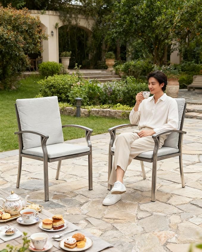 Outdoor Dining Chairs Set of 2, Never-Rust Patio Chairs Set with Thick Cushion, All Weather Aluminum Patio Dining Chairs, Patio Furniture Set for Garden, Backyard, Deck, Pool, Limed Oak