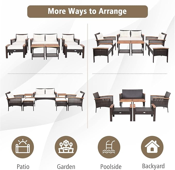 Tangkula 7 Piece Wicker Patio Furniture Set, Patiojoy Acacia Wood Patio Conversation Set with 2 Ottomans and 2 Storage Side Tables with Lower Shelf, Outdoor Cushioned Sectional Sofa Set (Off White)