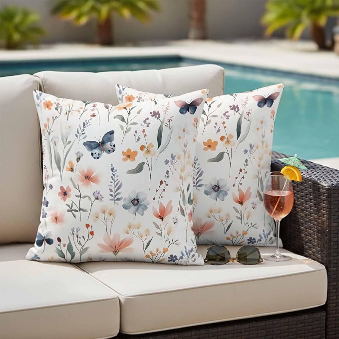 Spring Flower Butterfly Outdoor Waterproof Throw Pillow Covers Set of 2, 18"x18", Retro Watercolor Floral Leaf Decorative Pillow Covers Outside Cushion Case for Patio Porch Garden