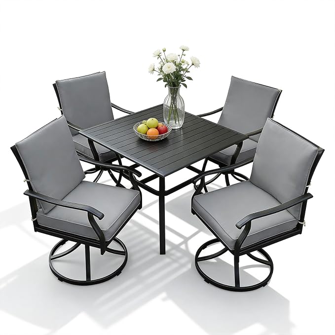 LVUYOYO 5-Piece Outdoor Patio Dining Set, Metal Swivel Chairs & Square Table Set, All-Weather Furniture for Backyard, Garden,Balcony,Porch (Gray)