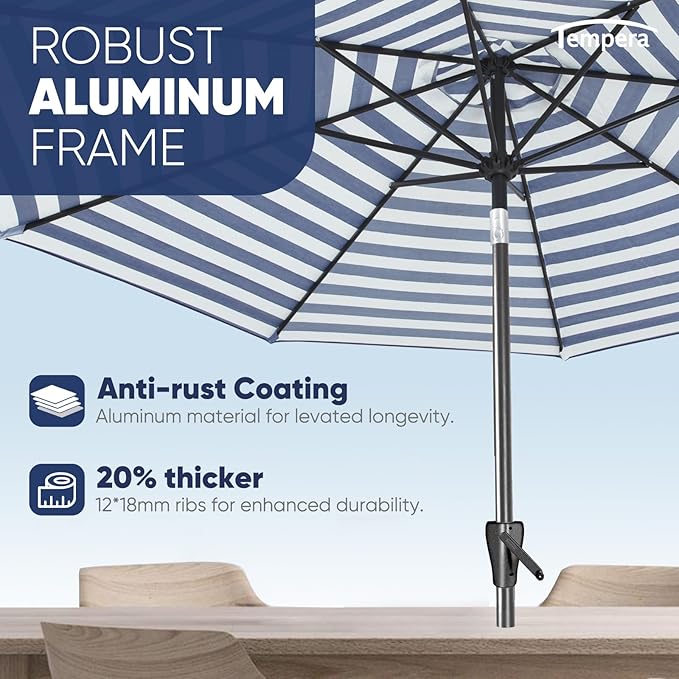 Tempera Patio Market Outdoor Table Umbrella with Push Button Tilt and Crank, Large Sun Umbrella with Sturdy Pole & Fade Resistant Canopy, Easy to Set
