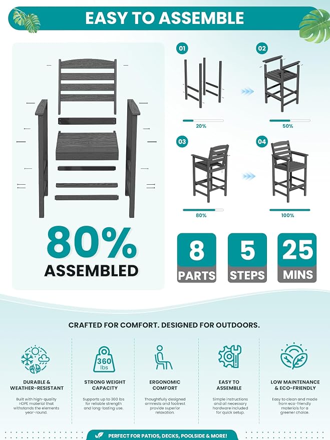 SERWALL Tall Adirondack Chairs Set of 2, Balcony Adirondack Chairs Set, Outdoor Bar Height Widened Chair Set for Bistro, Poolside, Garden, Grey