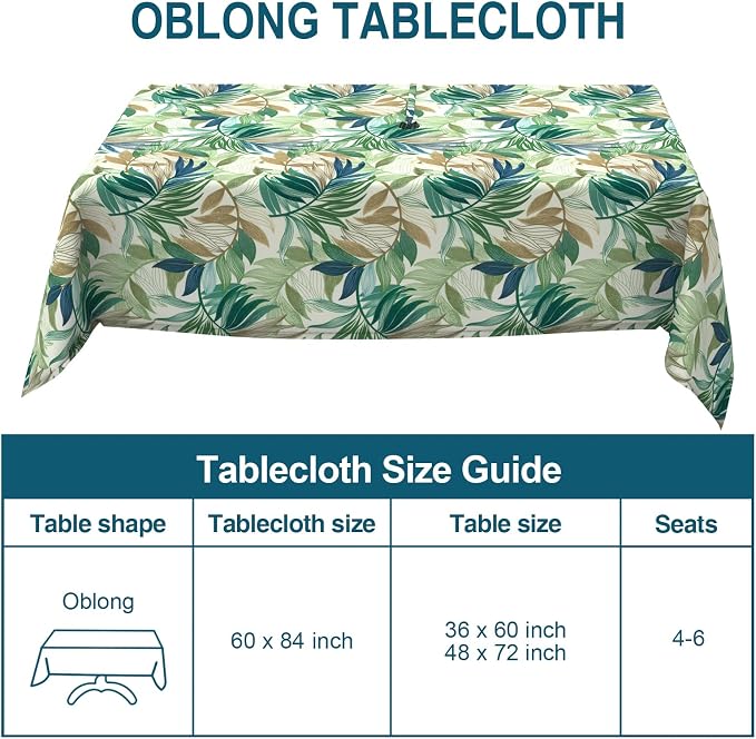 DYTXIII Outdoor Rectangle Tablecloth with Umbrella Hole and Zipper 84" x 60", Water Repellent Floral Picnic Cover, Fade & Wrinkle Resistant Tablecloth for Patio/Garden/Party Table, Lush Leaf Green