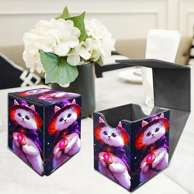 Deck Box for MTG, Cards Storage Box Fits 120+ Sleeved, Leather Medium Size Strong Magnetic Closing Card Case for Board Games Magic TCG CCG Baseball Collection, Purple White Cat