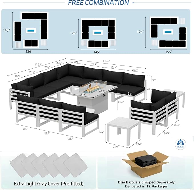 NICESOUL 15 Piece Aluminum Patio Furniture Set with Fire Pit Table, Oversized Modular Outdoor Sectional Sofa, 29 inch Deep Wide Seat， Conversation Set with End Table for Patio Garden Backyard, Black