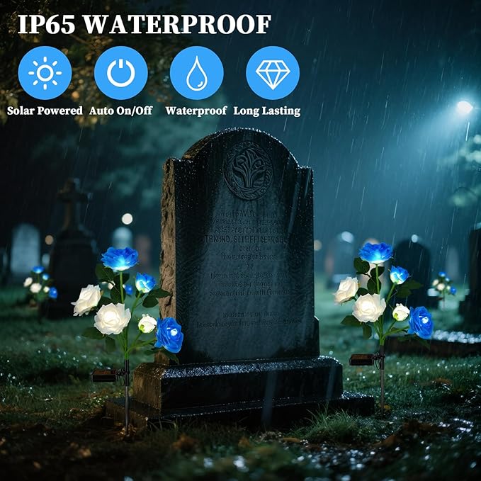 Lewtemi 2 Pack Solar-Powered Artificial Cemetery Flowers, Waterproof Memorial Flower Lights for Outdoor Grave, Garden, Patio, Yard Decoration