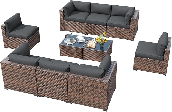 LazySunsets 10 Piece Outdoor Patio Furniture Set with Coffee Table, Outdoor Patio Furniture Sets with Waterproof Cover and Thicken Cushion, Wicker Rattan Outdoor Conversation Set for Backyard, Grey