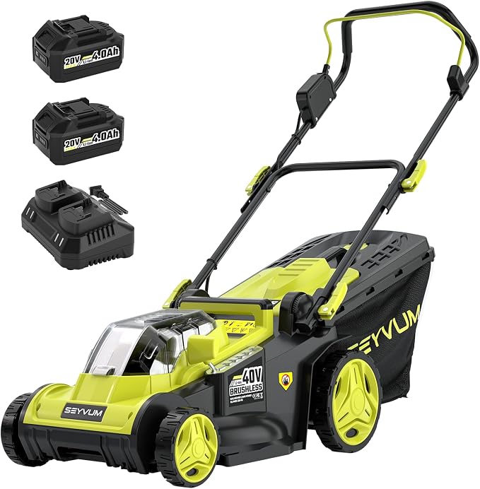 SEYVUM 40V 16-inch Cordless Lawn Mower with 45L Grass Collection Bag, 6 Position Height Adjustment Electric Lawn Mower, 2 x 20V 4.0Ah Battery Powered Push Lawnmower, 2.4A Fast Charger, Lemon Green