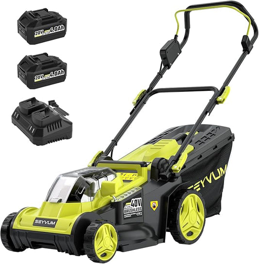 SEYVUM 40V 16-inch Cordless Lawn Mower with 45L Grass Collection Bag, 6 Position Height Adjustment Electric Lawn Mower, 2 x 20V 4.0Ah Battery Powered Push Lawnmower, 2.4A Fast Charger, Lemon Green