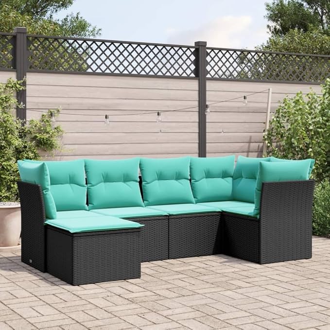 6 Piece Patio Sofa Set with Cushions, Garden Lounge Set Patio Conversation Set Porch Furniture Set Front Porch Furniture for Exhibition Poolside Negotiation Area Garden Black Poly Rattan