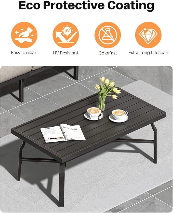 Outdoor Coffee Table, Never-Rust Aluminum Patio Coffee Table, Rectangle Outside Garden Table with Slatted Tabletop, All-Weather Outdoor Patio Furniture Table for Backyard, Porch, Dark Bronze