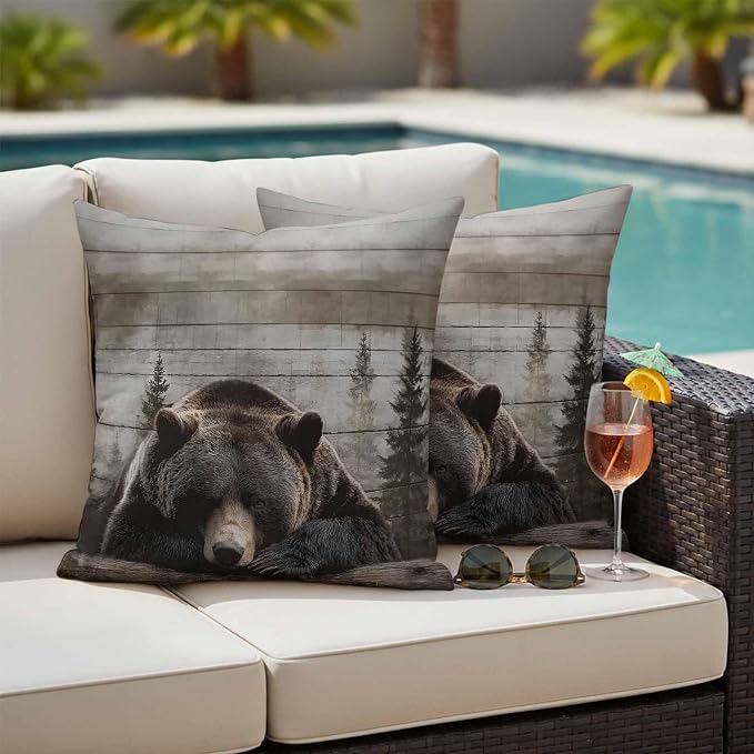 Sleeping Bear Outdoor Pillow Covers 20"x20" Set of 2, Animal Forest Rustic Planks Waterproof Throw Pillow Covers for Patio Furniture, Decorative Cushion Covers for Porch