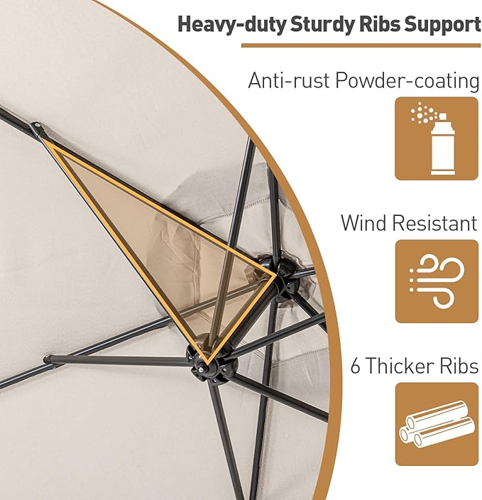 COSIEST Offset Patio Umbrella, Cantilever Hanging Outdoor Umbrella w/360-degree Rotation, Handy Crank, UV/Waterproof Canopy, 6 Ribs for Market, Backyard, Poolside, Garden