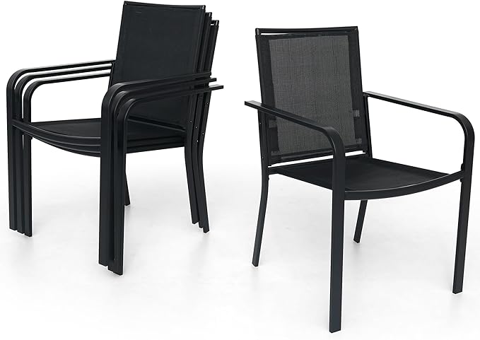 Anmutig 5-Piece Outdoor Patio Dining Set, 40 Inch Round Glass Table with 4 Stackable Chairs, Black