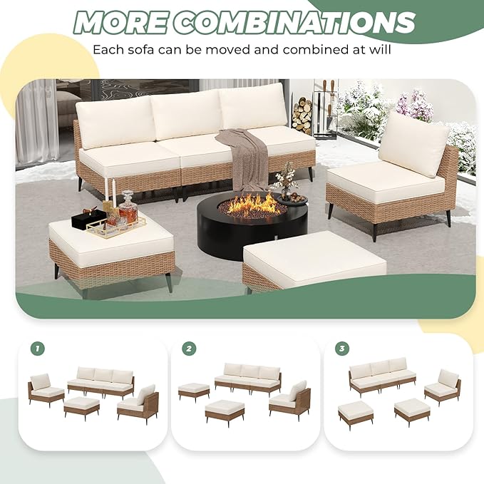LVUYOYO 6 Pieces Outdoor Patio Furniture Set, Wicker Sectional Sofa Couch, Rattan Conversation Sets with Cushions for Deck, Backyard, Porch (Khaki)