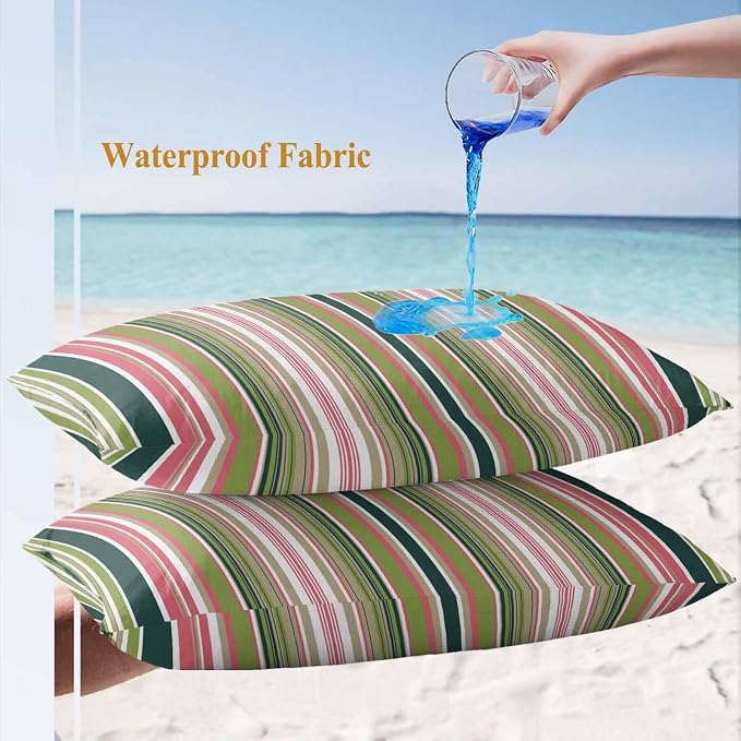 Outdoor Waterproof Throw Pillow Covers Set of 2 Sage Green Striped Lumbar Pillowcases 20x12 Inches Geometric Pink Stripes Decorative Pillows Cushion Case Patio Pillows for Couch Bed Chair Garden
