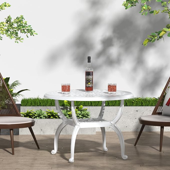 21" Patio Bistro Table, Cast Aluminum Side Table, Outdoor End Table for Garden/Yard/Pool/Porch, White