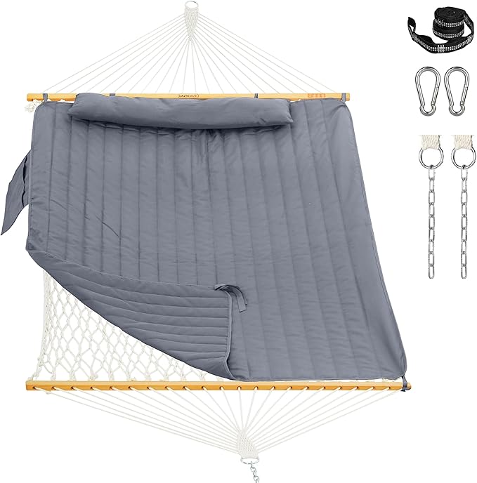 Lazy Daze Hammocks Rope Hammock with Pad, Spreader Bar, Carabiners, Tree Straps, Chains for Outside Patio- Max 450 Lbs, Grey