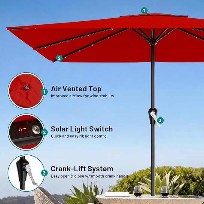 AreShark 8' X 10' Rectangular Patio Umbrella with Solar Lights, Lighted Solar Umbrella with Crank, Outdoor Table Umbrella for Garden, Deck, Backyard, Pool and Beach, Red