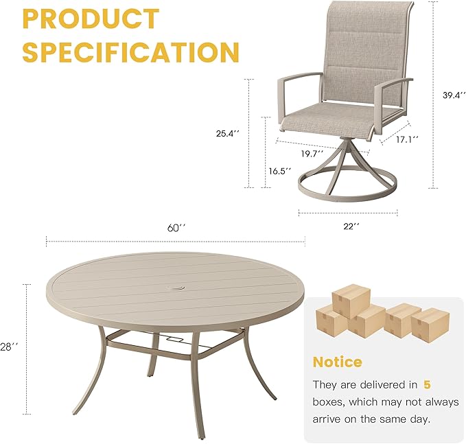 VICLLAX Outdoor Dining Set for 8, Outdoor Furniture Includes 60" Round Patio Table and Swivel Padded Chairs, Sandshell Color Tabletop and Fabric