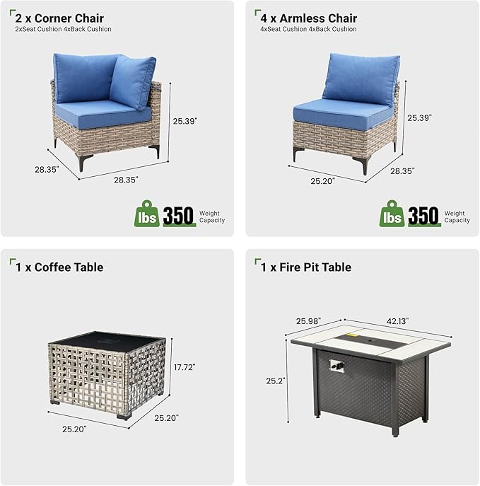 8 Pcs Patio Furniture with Fire Pit Table, Outdoor Rattan Wicker Conversation Set with Glowing Coffee Table, Comfy Sectional Sofa for Porch Balcony Backyard Pool, Light Blue