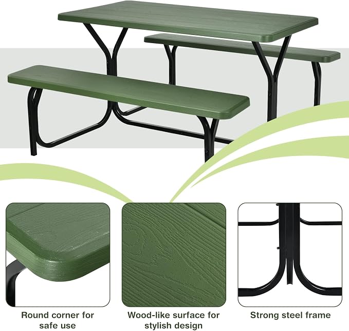DORTALA Plastic Picnic Table for Outdoors, All Weather Faux Wood Patio Picnic Table Set with Benches for Outdoor, Cafeteria and Commercial, Green