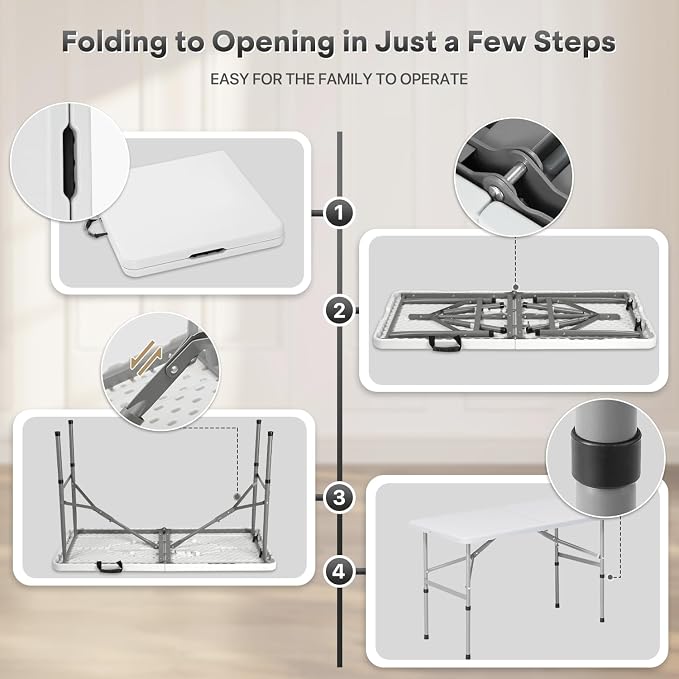 Athena Collection 4ft Folding Table, Lightweight Portable Desk with Handle, Square Foldable Plastic Table for Card Games, Collapsible Dining, Indoor Outdoor Camping Picnic & Party Use, White