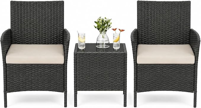 GAOMON 3 Pieces Patio Furniture Sets, Outdoor PE Rattan Porch Chairs with Soft Cushion and Glass Coffee Table, Balcony Furniture Set for Backyard Porch Poolside, Black and Beige