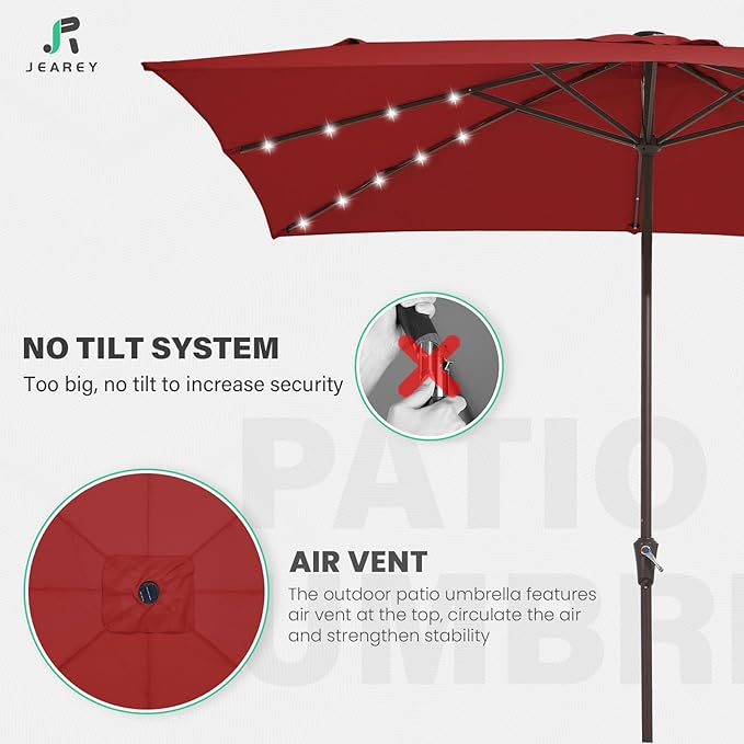 JEAREY 8x10 ft Rectangular LED Lighted Patio Umbrellas Outdoor Solar Table Market Umbrella w/Crank, 8 Sturdy Ribs, UV Protection Waterproof Sunproof(Red)