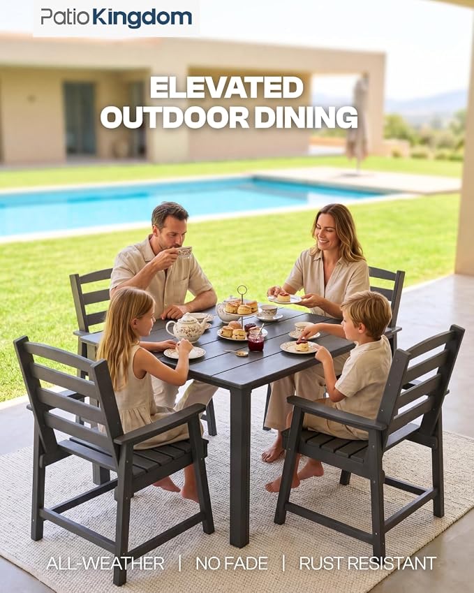HDPE Outdoor Dining Set for 4, Armchairs, Grey | All-Weather HDPE, Wood Grain Finish, 42.5" Square Table, Built-In Umbrella Hole, Seats 4, Patio & Poolside Ready