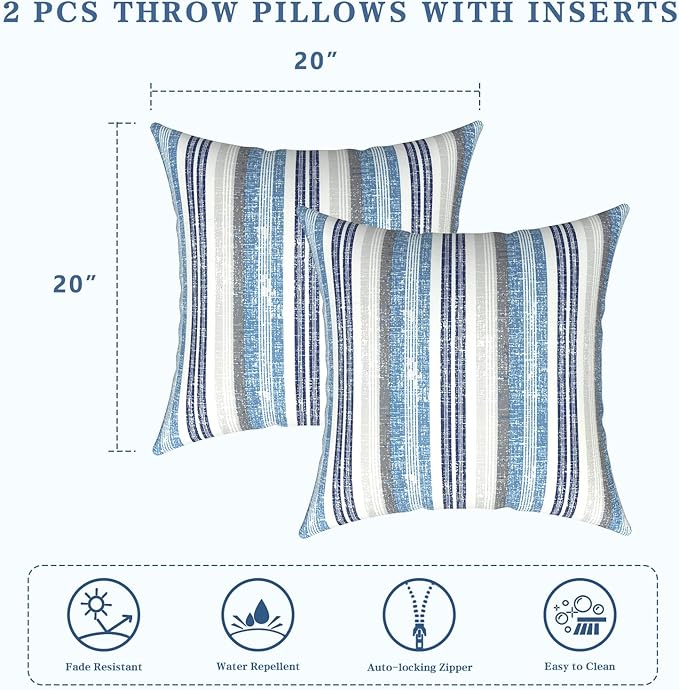 LVTXIII Outdoor Pillows 20x20 Inch, 2 Pack Large Decorative Square Throw Pillows with Inserts for Couch, Bed, Floor Seating, Patio Furniture, Stripe Layered Blue