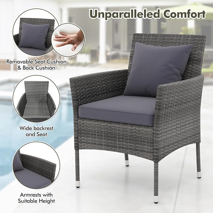 DORTALA Wicker Patio Furniture Set 3 Piece, Small Outdoor Table & Chairs with Tempered Glass Tabletop, Cushions, Rattan Conversation Bistro Set for Balcony, Porch, Backyard, Deck, Mix Gray+Gray