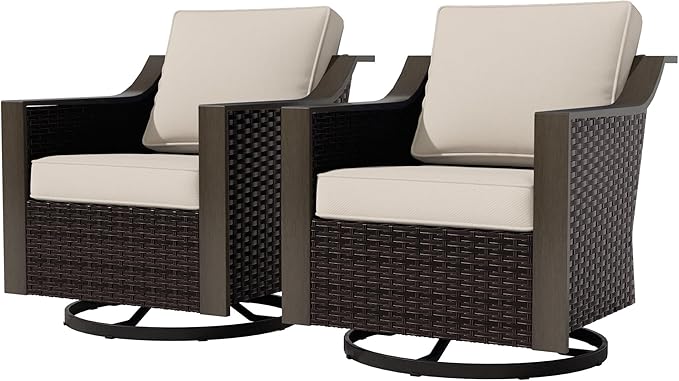 Outdoor Wicker Swivel Chair Set of 2, All-Weather Use Patio Rattan Chair with Removable Water-Resistant Cushion, Ideal for Porch, Backyard, Balcony, Poolside, Beige