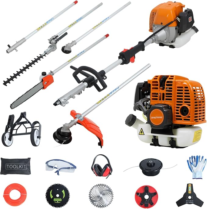 2025 New 8-in-1 Gas Powered Trimmer Kit - 52CC 2-Cycle Commercial Weed Eater, Brush Cutter, Edger & Hedge Trimmer Attachments, 1.2L Tank & Extension Pole for Professional Landscaping (Orange-8 in1)
