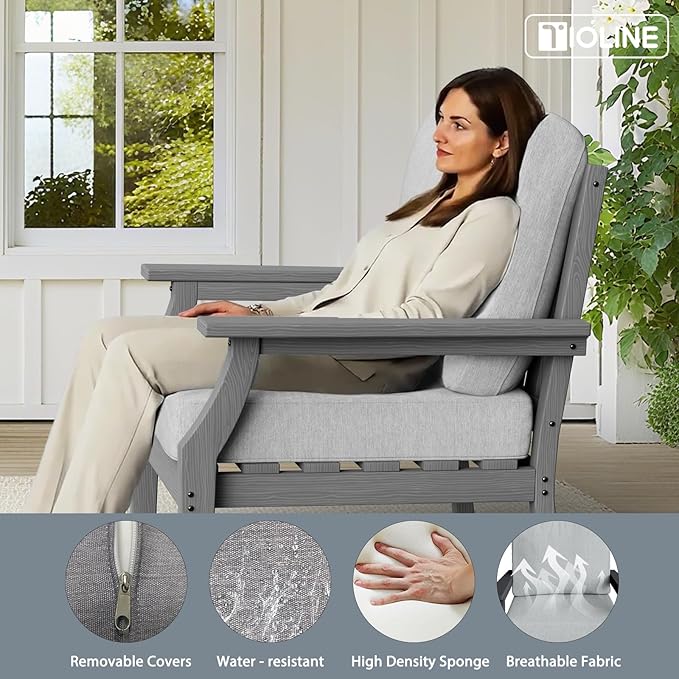 HDPE Patio Conversation Set, 6-Piece All Weather Outdoor Furniture Set with 1 Single Rocking Armchairs for Deck, Lawn, with Cushion, Gray