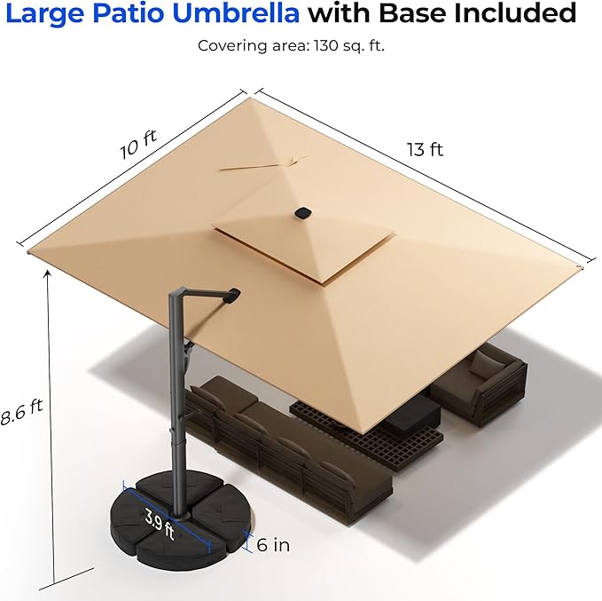 HOMSHADE 10 ft Square Cantilever Patio Umbrella with Base Included, Solar Lights Large Umbrella Outdoor Patio with 360°Rotation&Tilting, LED Lighted Offset Umbrellas w/Stand for Pool Deck