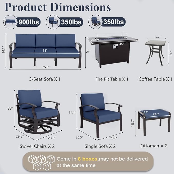 ALAULM Aluminum Patio Furniture Set with Propane Fire Pit Table 9-seat Metal Outdoor Furniture w/Swivel Chairs Patio Sectional Sofas w/2 Ottomans for Porch, Backyard, Poolside-Dark Blue