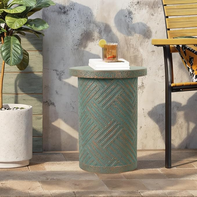 17INCH Stone Side Table,Round Faux Marble Side Table,Modern Small Stone End Table for Balcony (Green-17-7)